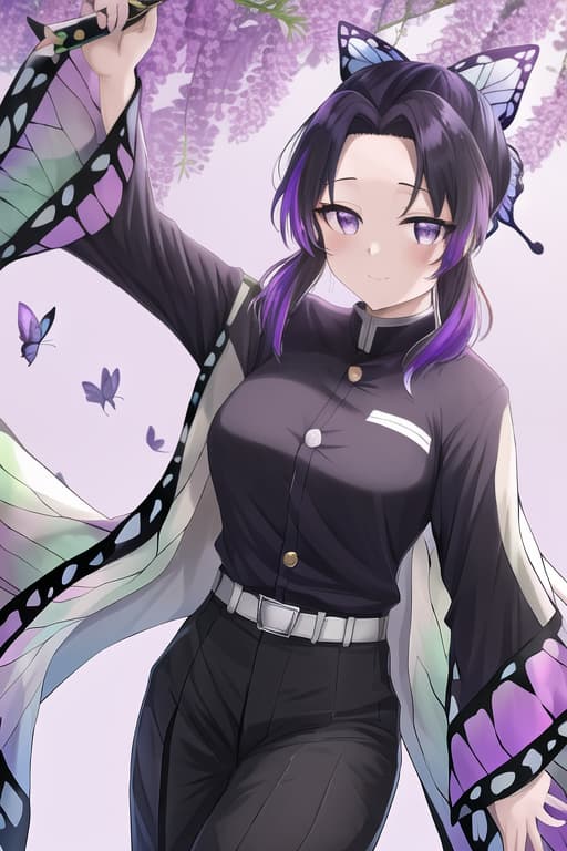  masterpiece, best quality, kochou shinobu, multicolored hair, no bangs, hair intakes, purple eyes, forehead, black shirt, black pants, haori, butterfly, buttons, belt