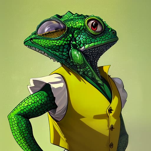  an anthropomorphic green chameleon in a yellow vest