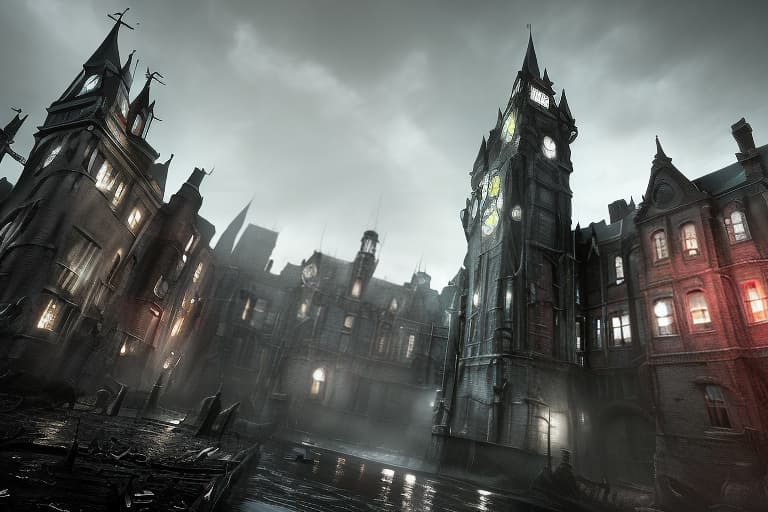 redshift style Arkham Asylum* Create a street view image of Arkham Asylum's entrance, showcasing its imposing gothic architecture, iron gates, and eerie atmosphere.