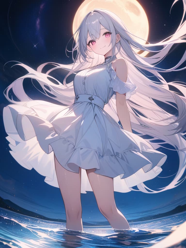  big s, whole body, water surface, stand on the water, legs, white hair, sea at night, milky way, super long long hair, smile, beautiful , pink eyes, masterpiece, best quality,8k,ultra detailed,high resolution,an extremely delicate and beautiful,hyper detail