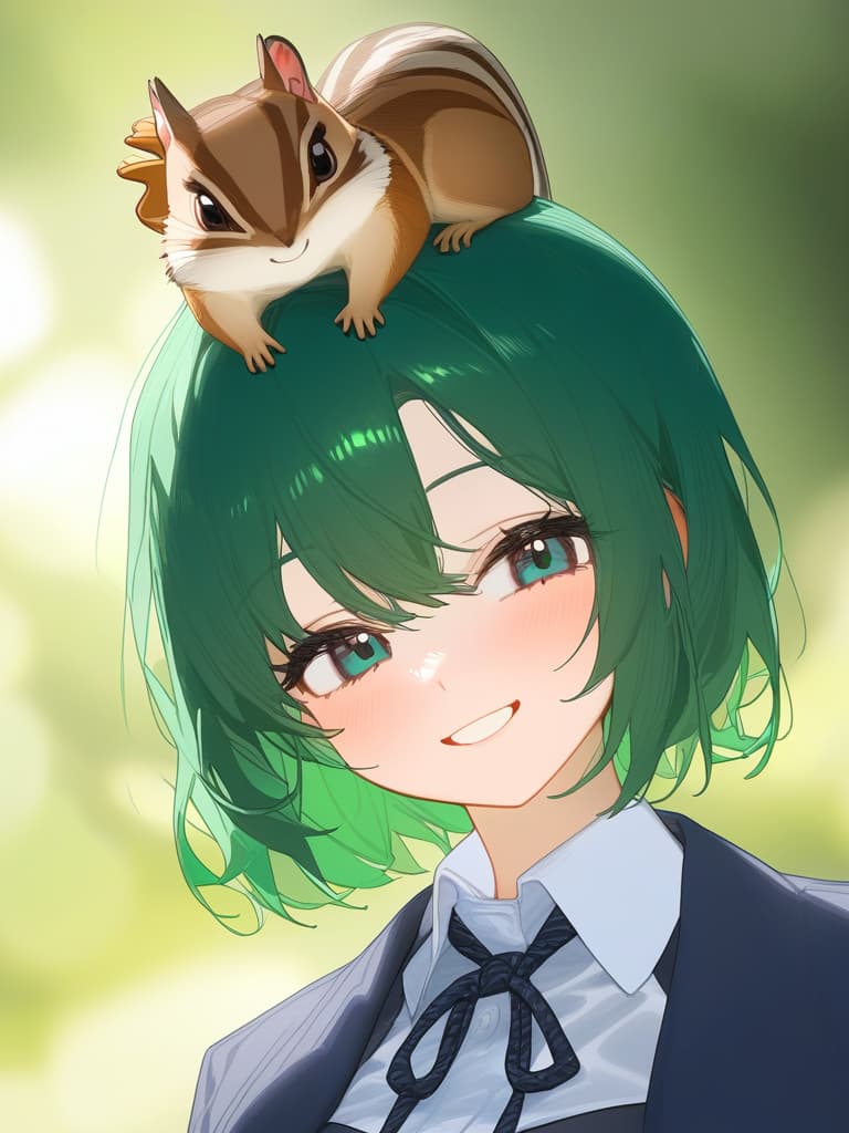  1girl,18yo,(((black high school uniform:1.5))),green hair, (((green graduated haircut hair:1.5))),(((very smile:1.3))),chipmunk,(((chipmunk on head:1.8)))