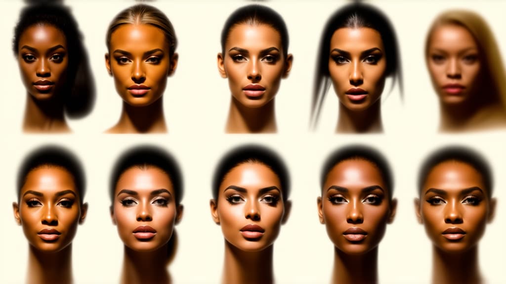  different beauty. set of different female heads on light background. different races and nationalities. ar 16:9, (natural skin texture), highly detailed face, depth of field, hyperrealism, soft light, muted colors