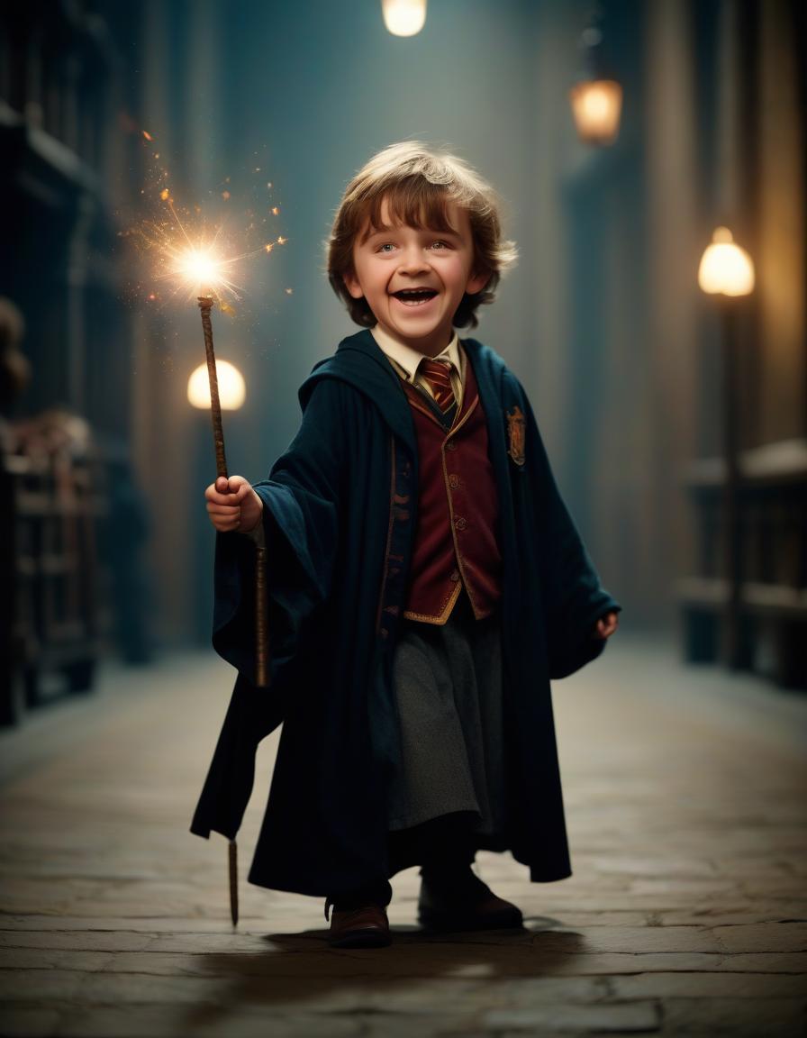  cinematic film still little wizard of hogwarts holds a magic wand. "" he looks at the camera. joyfully laughing . shallow depth of field, vignette, highly detailed, high budget, bokeh, cinemascope, moody, epic, gorgeous, film grain, grainy