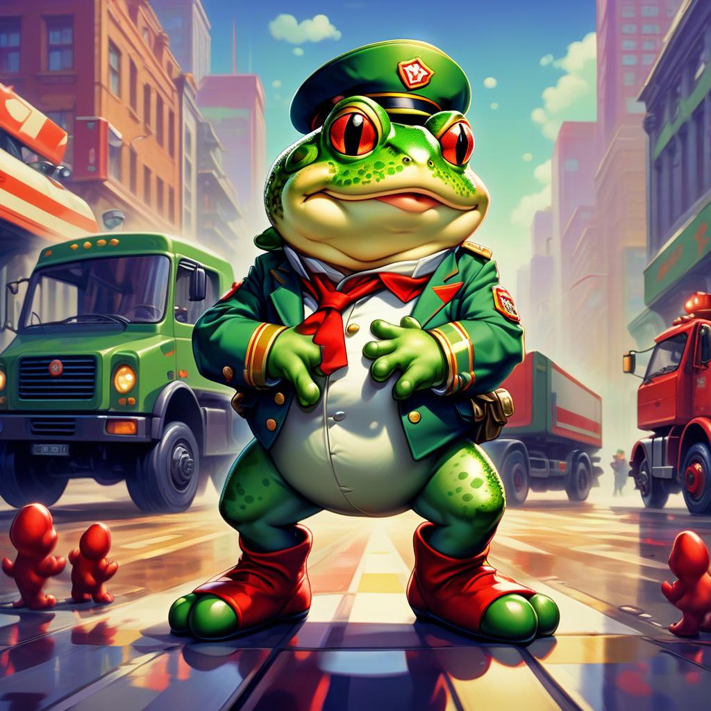  retro game art green toad with red paws, in general's uniform, in the background trucks . 16 bit, vibrant colors, pixelated, nostalgic, charming, fun