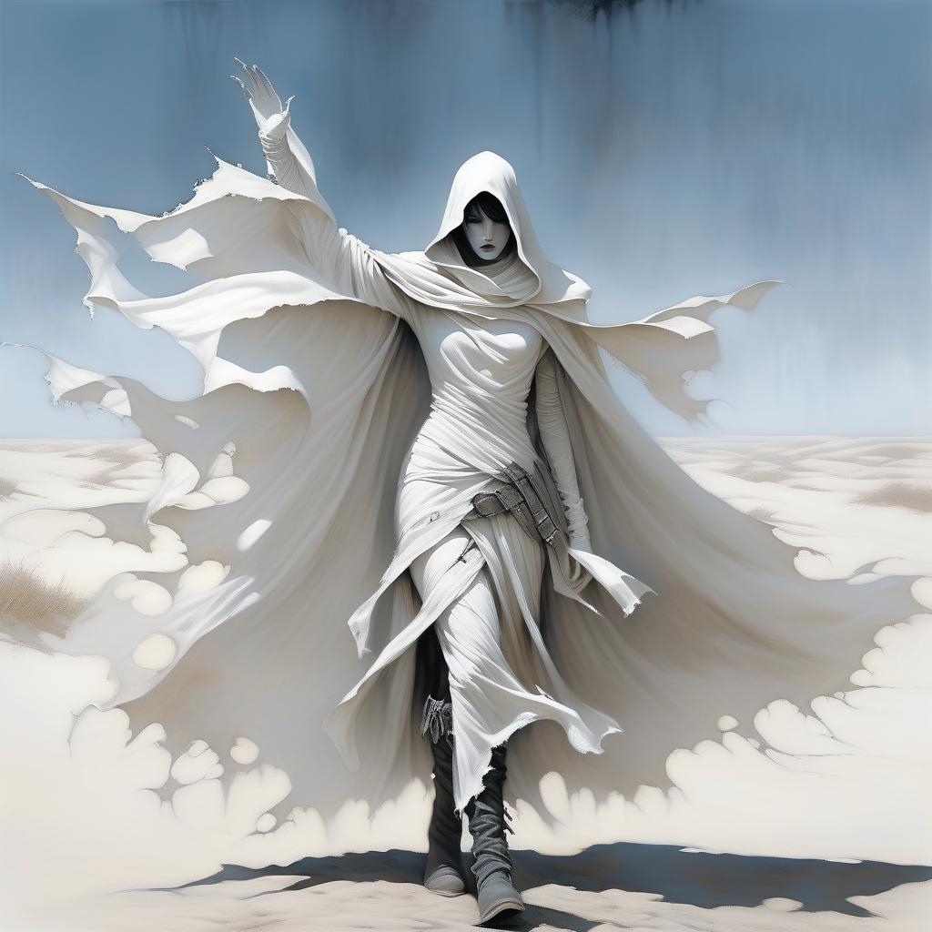  macabre style fantasy girl in a white scarf on a black face, in white, in a white ragged, leaky cloak, in white gloves. black and steel buckle on the chest, on the cloak. . dark, gothic, grim, haunting, highly detailed