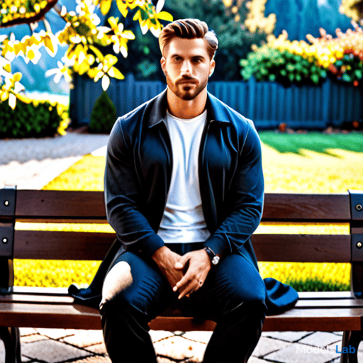  man sitting on bench hyperrealistic, full body, detailed clothing, highly detailed, cinematic lighting, stunningly beautiful, intricate, sharp focus, f/1. 8, 85mm, (centered image composition), (professionally color graded), ((bright soft diffused light)), volumetric fog, trending on instagram, trending on tumblr, HDR 4K, 8K