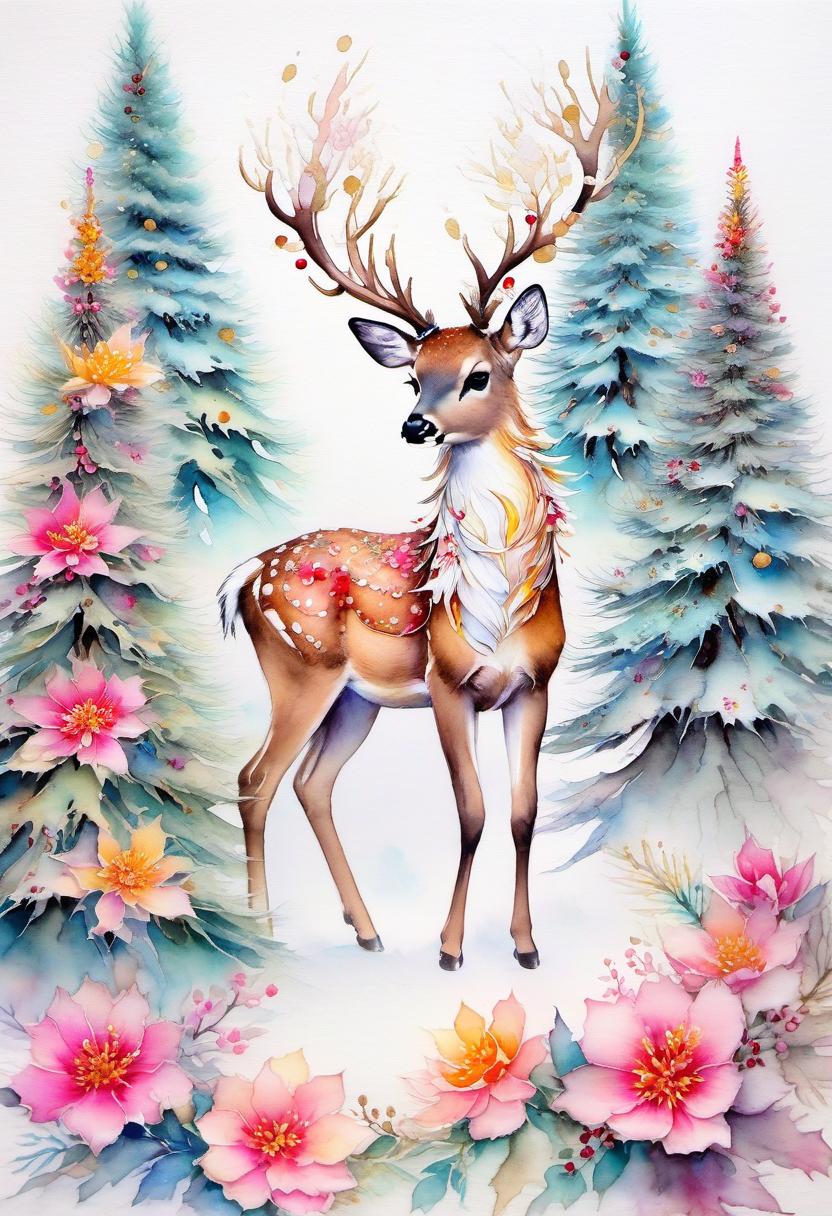  fairy tale christmas trees with cones, deer in a kimono, (double exposure: 1.4). (soft textured paper). alcohol ink of (bright) flowers. the incompleteness effect. tenderness of watercolors, winter, delicate colors. thin white lines. emotion. light relief pattern. in harrison fisher's manner. . magical, fantastical, enchanting, storybook style, highly detailed