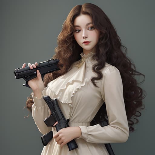  , human nature, dressed in a and gorgeous manner, carrying a gun, top quality, masterpiece, long curly hair.