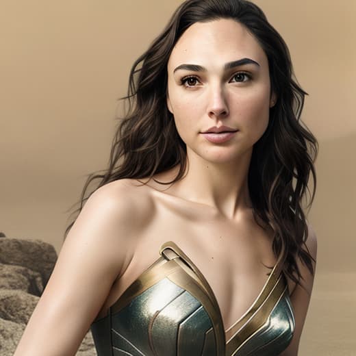  a highly detailed and realistic portrait of gal gadot, showcasing her grace and elegance. the image captures her in a natural setting, emphasizing her beauty and confidence. the lighting is soft and flattering, highlighting her features and the textures of her skin. the background is a lush, serene landscape that complements her figure without distraction. the focus is on her expression, which conveys strength and poise, making the viewer feel a connection with the subject.