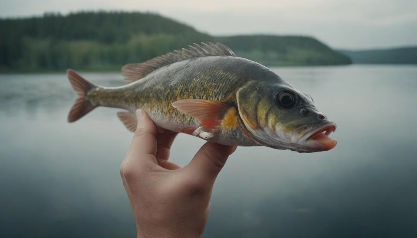  cinematic photo high quality, high detail, hands holding a large perch, the camera looks from above, against the background of the lake . 35mm photograph, film, bokeh, professional, 4k, highly detailed, perfect hands