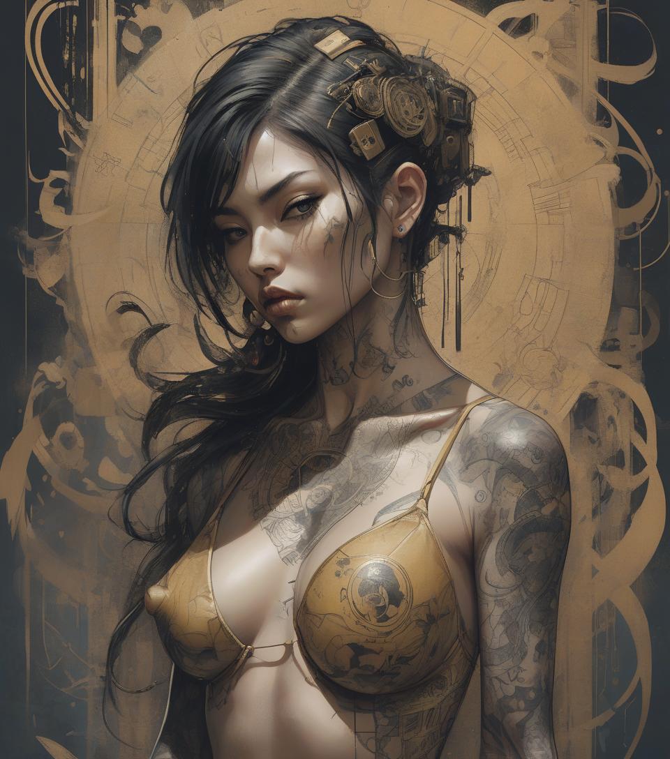  concept art aesthetic, painterly style, modern ink, asian , sensual, dark , yakuza tattoo, expressive pose, urbanpunk, multi layered abstract texture background, neo expressionist, russ mills, ian miller, harrison fisher, brian froud, jeremy mann, steadman, hanuka, klimt, bell, hobbie, newton, greg rutkowski, atmospheric, hyperdetail, artstation trend, artgerm, deviant art, octane, masterpiece, complex art, intricate details, matte film poster painting, golden ratio, trending on cgsociety, incredibly detailed and stunningly beautiful . digital artwork, ilrative, painterly, matte painting, highly detailed