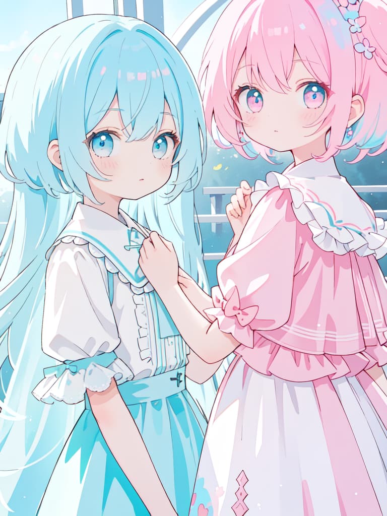  twin, two girls, lined up, light blue hair and pink hair, masterpiece, best quality,8k,ultra detailed,high resolution,an extremely delicate and beautiful,hyper detail