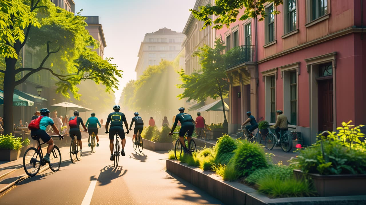  a vibrant urban scene showcasing diverse cyclists navigating a busy city street, surrounded by lush green parks, pedestrians, and healthy food vendors, with sunlight filtering through tall buildings, capturing the essence of active city life. hyperrealistic, full body, detailed clothing, highly detailed, cinematic lighting, stunningly beautiful, intricate, sharp focus, f/1. 8, 85mm, (centered image composition), (professionally color graded), ((bright soft diffused light)), volumetric fog, trending on instagram, trending on tumblr, HDR 4K, 8K