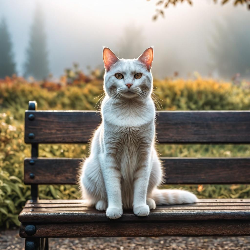  a cat sitting on a bench hyperrealistic, full body, detailed clothing, highly detailed, cinematic lighting, stunningly beautiful, intricate, sharp focus, f/1. 8, 85mm, (centered image composition), (professionally color graded), ((bright soft diffused light)), volumetric fog, trending on instagram, trending on tumblr, HDR 4K, 8K