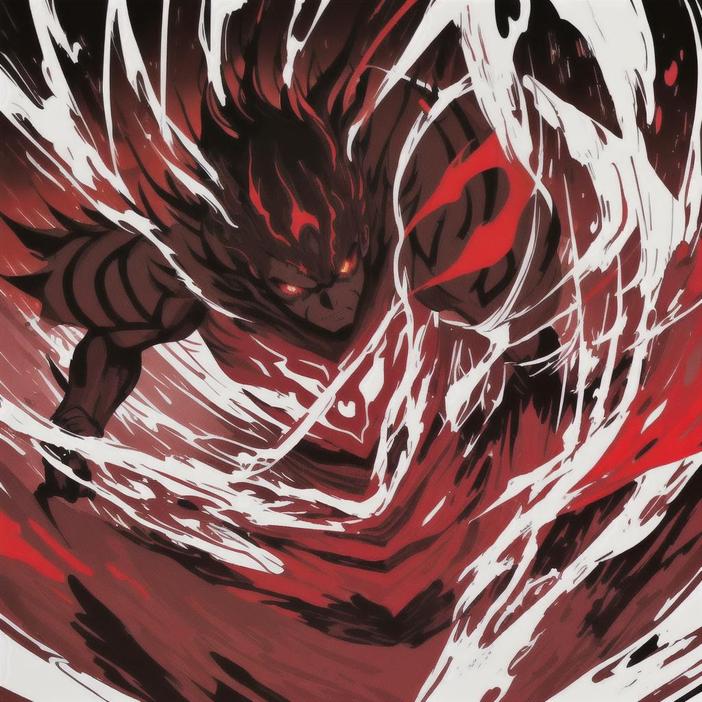  Red colors, Dark silhouette of a powerful figure with glowing white eyes, surrounded by intense red and black flames, anime style, high contrast, dramatic lighting, dynamic action pose