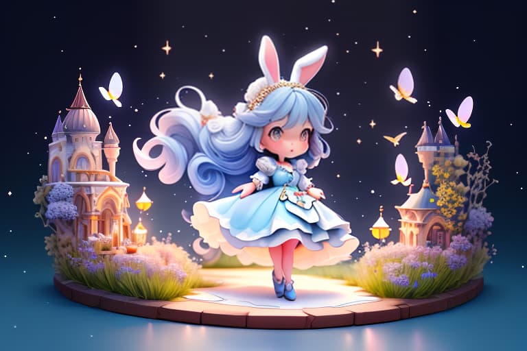  A named Alice in a blue dress and hair from a land of wonders, runs from left to right. The pushes her way through rows of large playing cards. Under her feet, a red ribbon twists. A small rabbit is chasing after her. In the very distance, a magnificent castle can be seen. Fireflies and erflies fly., (Watercolor painting) soft colors ,fluid strokes ,transparent layers hyperrealistic, full body, detailed clothing, highly detailed, cinematic lighting, stunningly beautiful, intricate, sharp focus, f/1. 8, 85mm, (centered image composition), (professionally color graded), ((bright soft diffused light)), volumetric fog, trending on instagram, trending on tumblr, HDR 4K, 8K