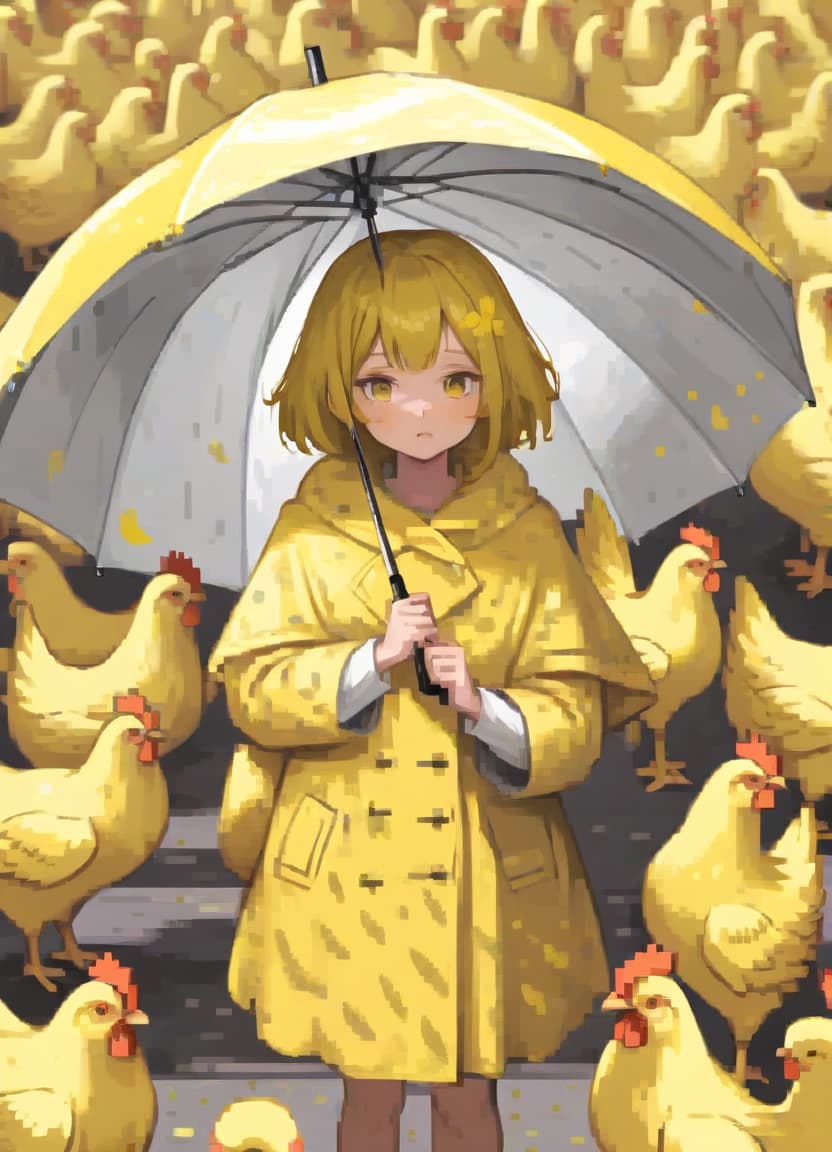  the girl covered with an umbrella of yellow chickens