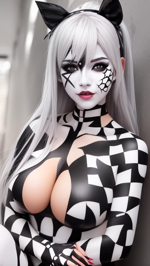  Chessboard check body paint in every corner of the body, Silver body paint all over the body, white face paint on the face, Dark elf 女性