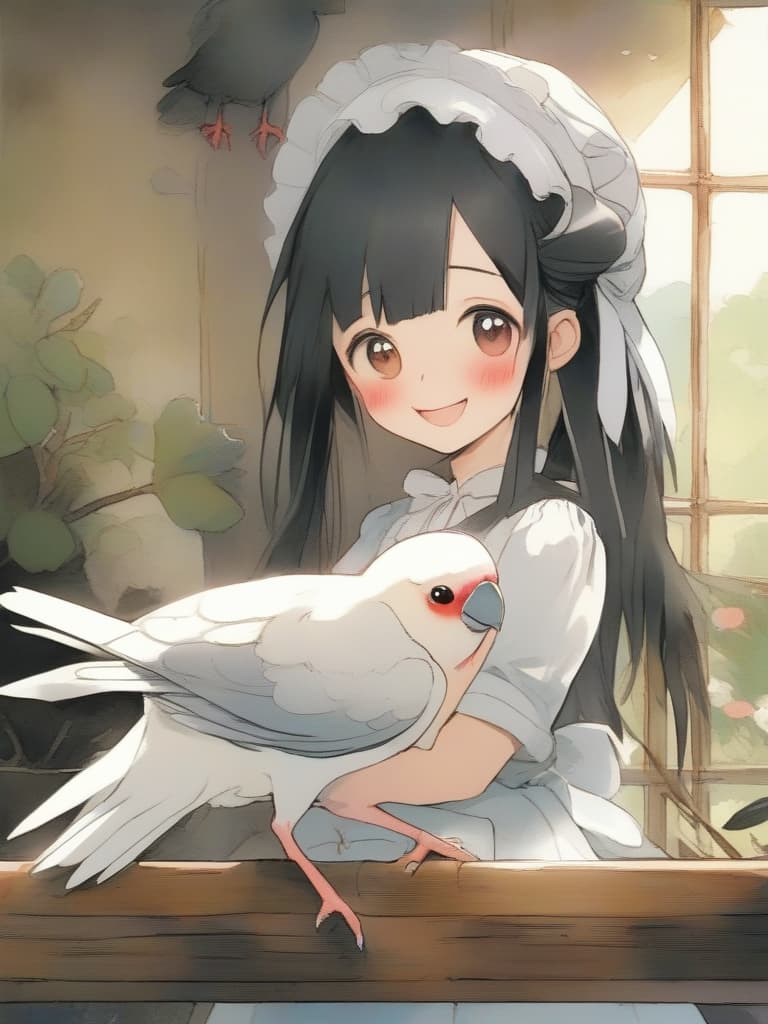  a masterpiece,a maid with a cockatiel on her side,medium black hair,cute,smiling,