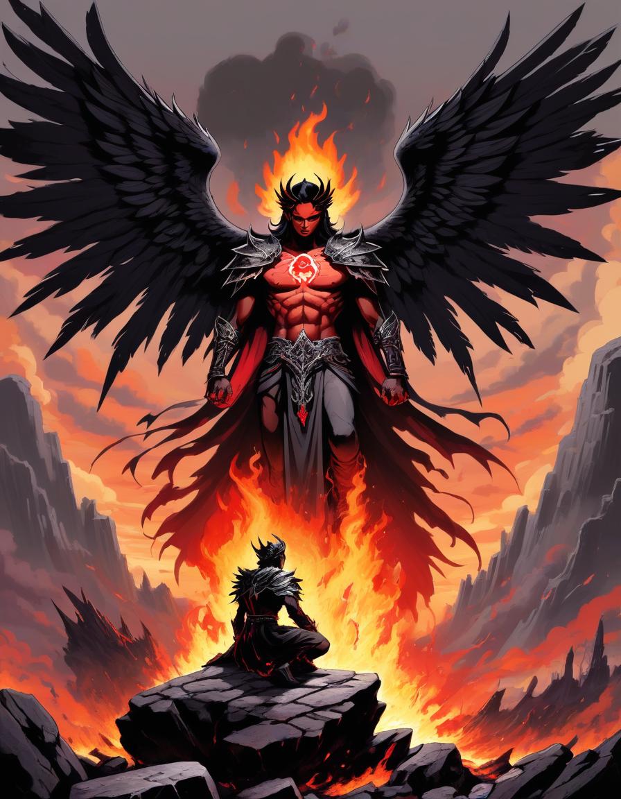  retro game art kneeling lucifer, with ragged wings, with white skin, in black armor, in a black crown, with black obsidian eyes, looks up, fiery tears flow from his eyes, stands on a rock in the middle of a gray wasteland, looks into the fiery sky, broken sword. . 16 bit, vibrant colors, pixelated, nostalgic, charming, fun