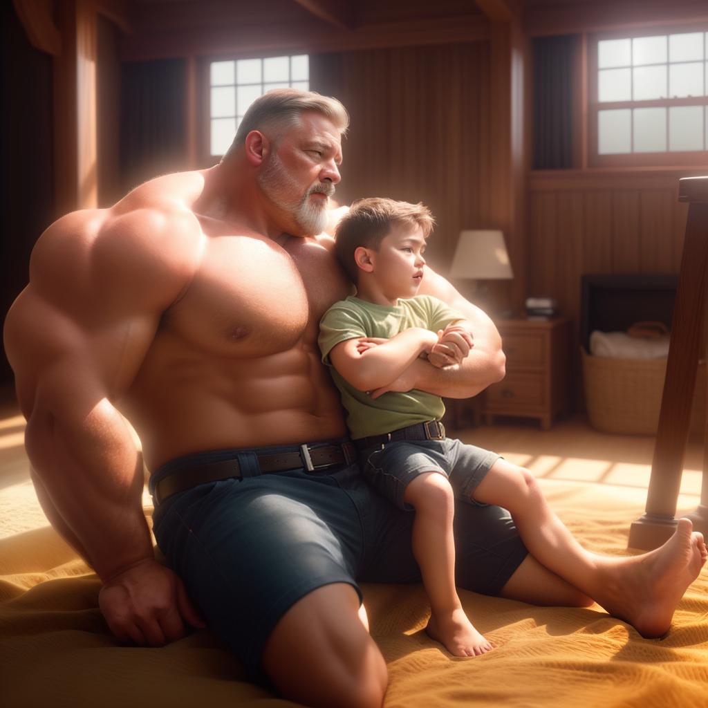  Dad and son, hyperrealistic, high quality, highly detailed, cinematic lighting, intricate, sharp focus, f/1. 8, 85mm, (centered image composition), (professionally color graded), ((bright soft diffused light)), volumetric fog, trending on instagram, HDR 4K, 8K