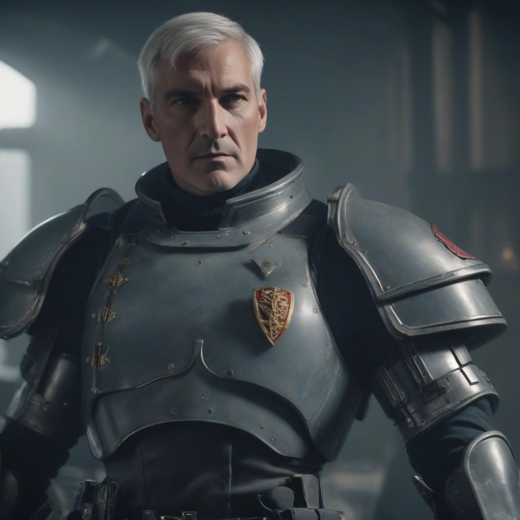  cinematic film still big cybernetic arm, officer of the imperial guard from warhammer 40,000, with gray hair and burns on his face and boltpistol in his arm . shallow depth of field, vignette, highly detailed, high budget, bokeh, cinemascope, moody, epic, gorgeous, film grain, grainy