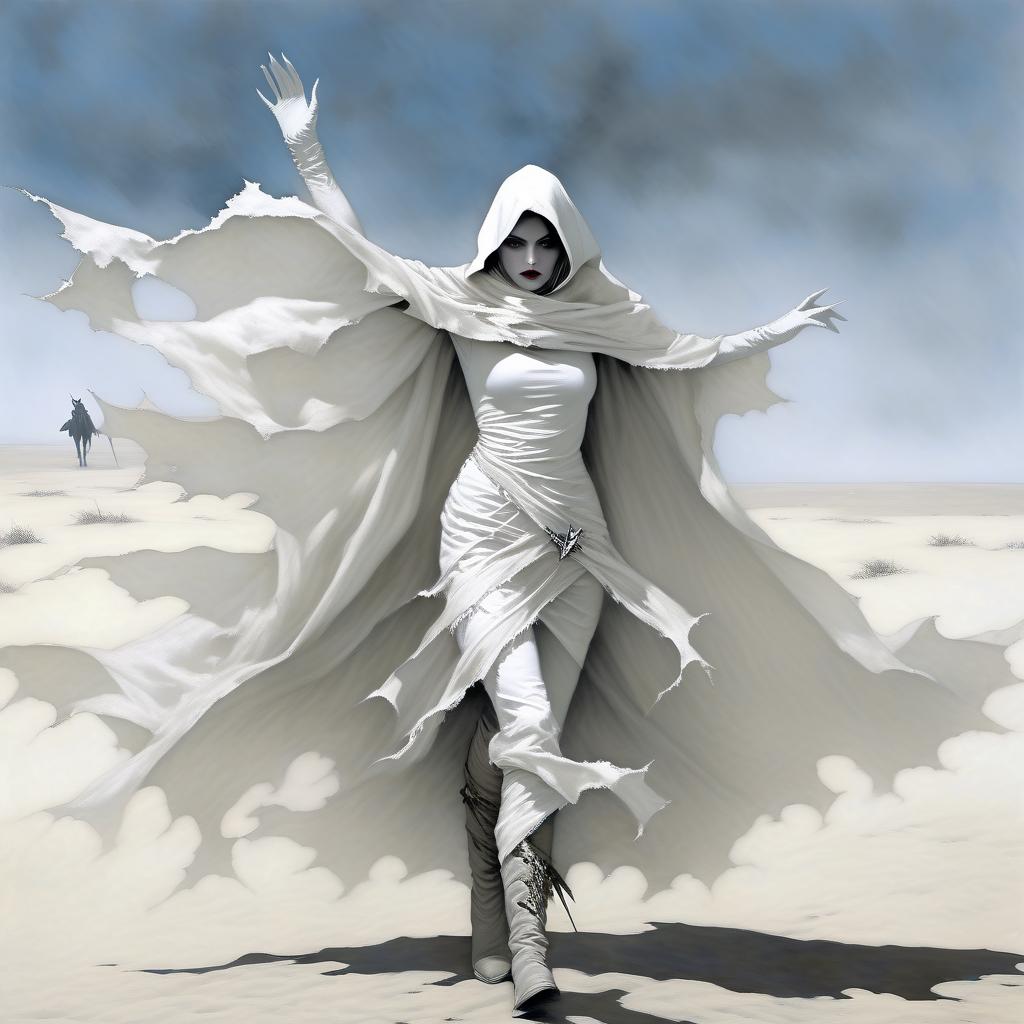  macabre style fantasy girl in a white scarf on her face, in white, in a white ragged, leaky cloak, in white gloves. . dark, gothic, grim, haunting, highly detailed