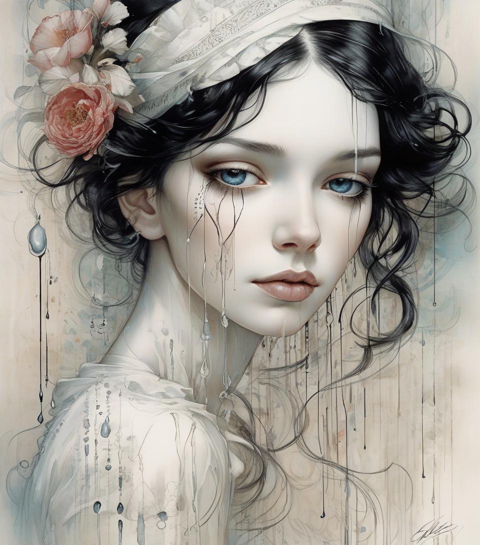  beautiful face, porcelain white, black hair, tears running down her cheek, harrison fisher and catrin welz stein, pen and ink lines, calligraphic lines, vivid colours, highly detailed