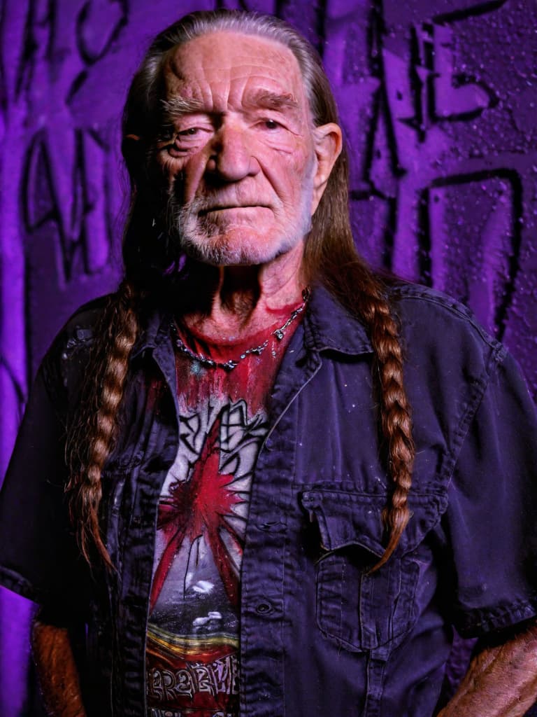  Singer Willie Nelson, medium shot, upper body, spotlight, long exposure lighting, street art style spray paint, glamour lighting