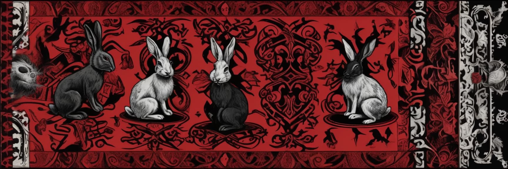  macabre style patterned carpet red black cover rabbits tattoo . dark, gothic, grim, haunting, highly detailed