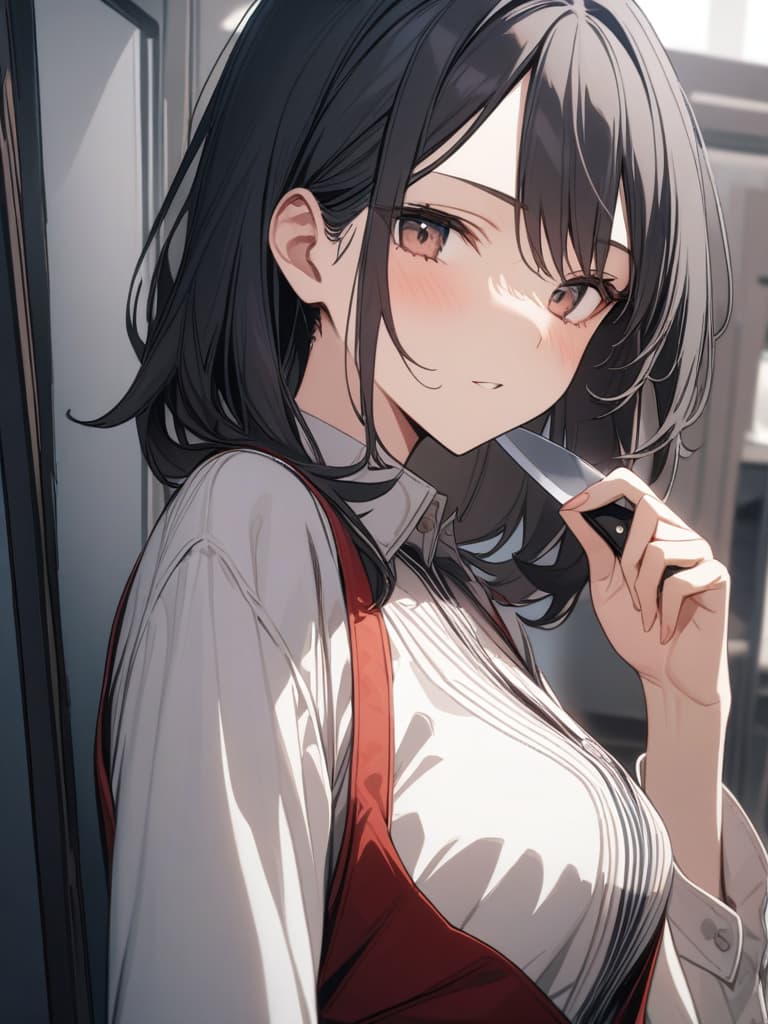  black haired girl with a knife, masterpiece, best quality,8k,ultra detailed,high resolution,an extremely delicate and beautiful,hyper detail