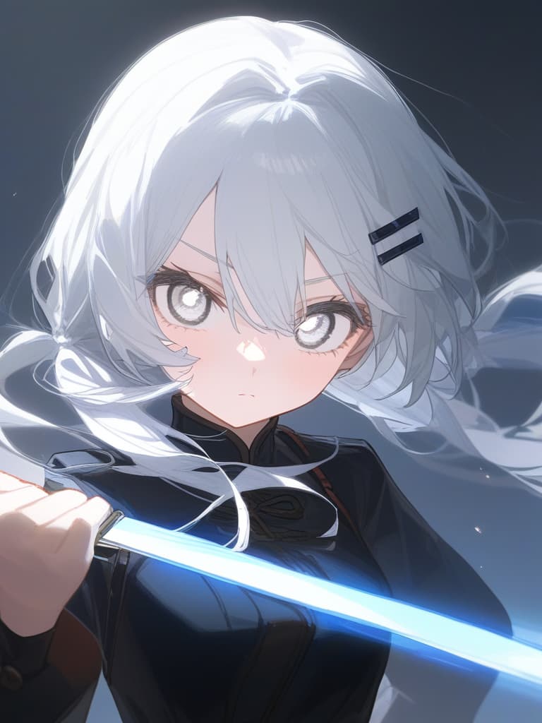  beauty girl,perfect girl,girl,hakama,袴,hairpin,簪,japanese style,transparent sword,stinking eyes,ジト目,cool,beauty,turn this way,white hair,white eyes,beautiful eyes,white eyelashes,close,braided bun twintails