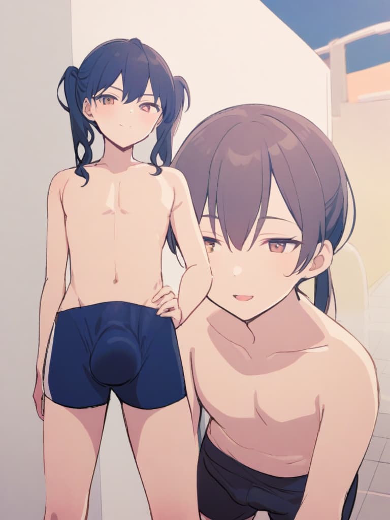  women's elementary students (male), twin tails, cute smiles, (rich s), low stature, dark blue swimwear, old swimwear, , simple (upward), male , (bulge), shaped clear , front , whole body, pool side,