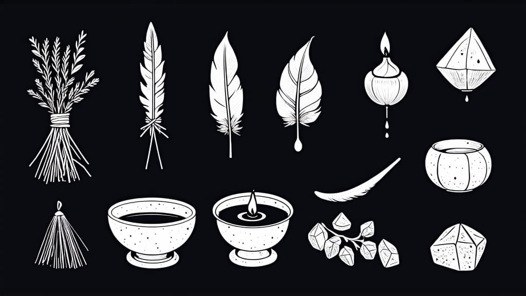  the image shows graphic drawings of various magical objects, made with white lines on a black background. here is a list of objects with images: 1. a bunch of herbs or sticks tied with a thread. 2. a lit candle with dripping wax. 3. a feather. 4. a bowl with a moon shaped pattern. 5. animal horns. 6. several crystals of different sizes and shapes. 7. a flask. 8. herbs tied and tied with a thread. 9. a dagger with a patterned handle. 10. several crystals of different sizes and shapes. 11. a bunch of herbs tied with a thread. 12. a staff with a handle. 13. crystals of different sizes and shapes. 14. a cauldron with a pentagram. 15. a sickle. 16. another lit candle with dripping wax. 17. several crystals of different sizes and shapes. these 