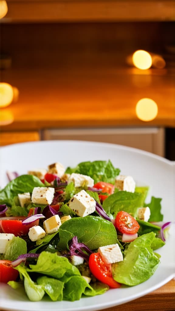  food gourmet photography style, greek salad on white flat plate in modern kitchen on table ar 9:16, appetizing, professional, culinary, high resolution, commercial, highly detailed ,soft natural lighting, macro details, vibrant colors, fresh ingredients, glistening textures, bokeh background, styled plating, wooden tabletop, garnished, tantalizing, editorial quality