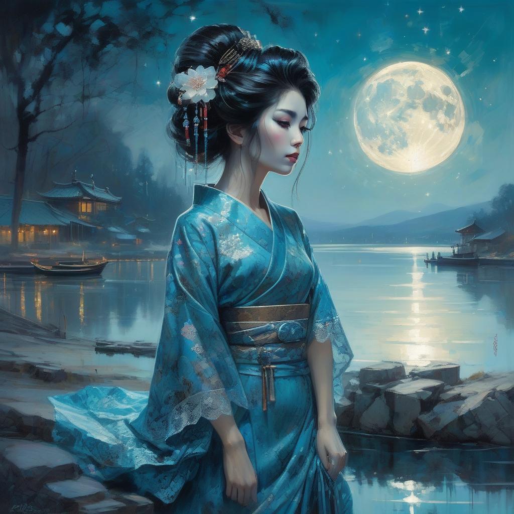  beautiful geisha in a blue turquoise and intricate motifs lace dress watching the fullmoon night starry sky by the lake, dark hair, dark fantasy, intricate details, hyper detailed, jean baptiste monge, carne griffiths, michael garmash, seb mckinnon, masterpiece, sunshine