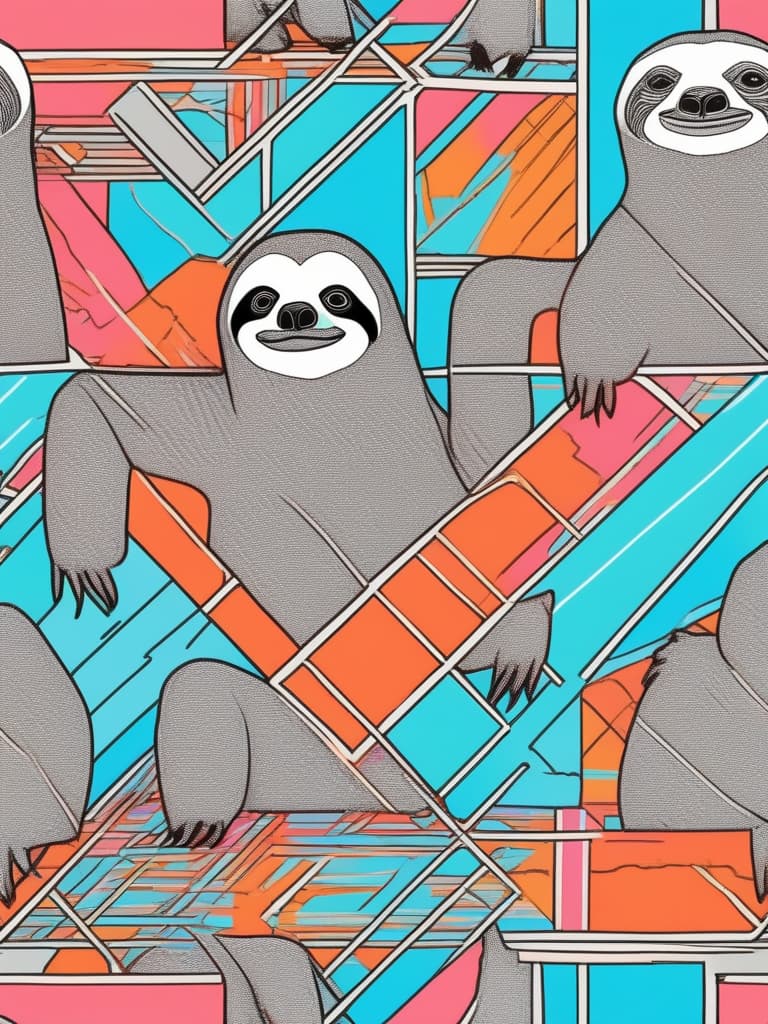  masterpiece,line drawing,orange and pink lines,lines only,simple,square sloth,overlapping square sloth,colorful,sky blue background,cartoonish technique,comical