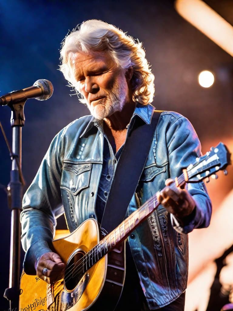  Country singer, Kris Kristofferson, on stage, medium shot, upper body, spotlight, long exposure lighting, street art style spray paint, glamour lighting