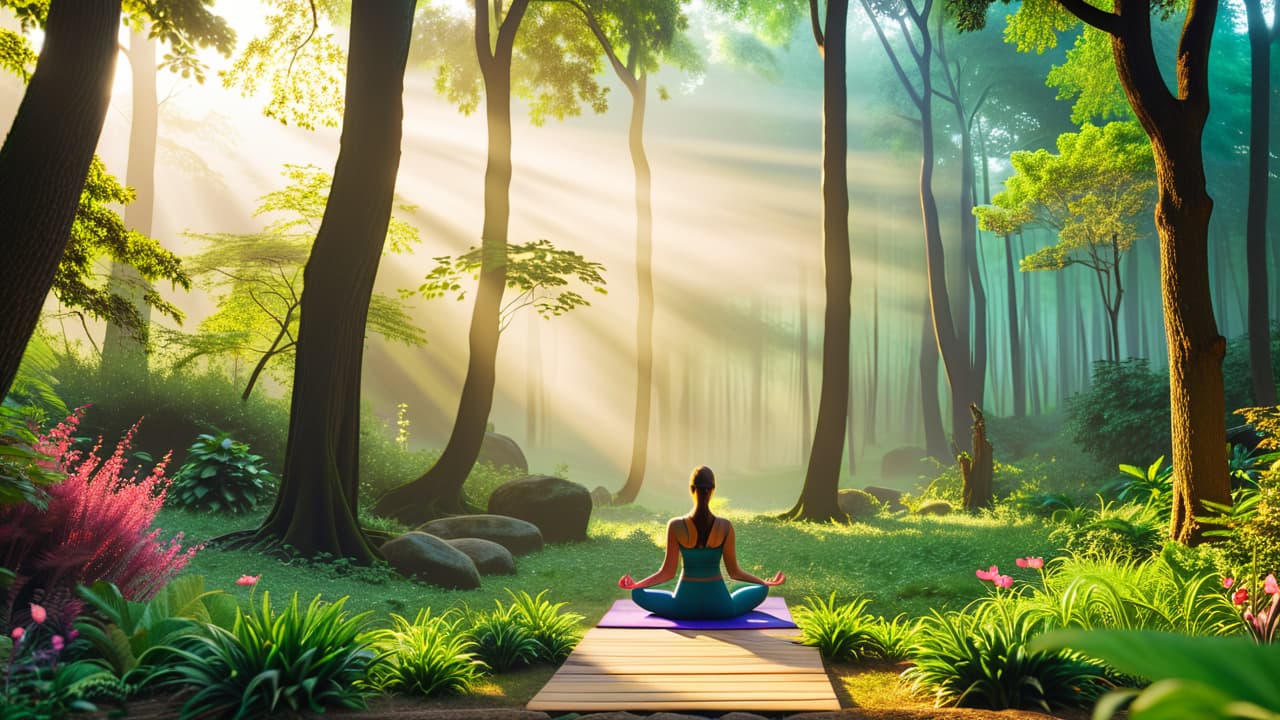  a serene landscape with a vibrant herbal garden, a crystal clear stream flowing nearby, and a diverse group of people practicing yoga and meditation under a canopy of lush trees, embodying harmony and nature. hyperrealistic, full body, detailed clothing, highly detailed, cinematic lighting, stunningly beautiful, intricate, sharp focus, f/1. 8, 85mm, (centered image composition), (professionally color graded), ((bright soft diffused light)), volumetric fog, trending on instagram, trending on tumblr, HDR 4K, 8K