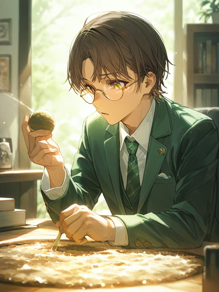  brown haired man, dark green suit, tie is yellow, shirt is white, round glasses, magic to manipulate sand, cool expression, cool man, masterpiece, best quality,8k,ultra detailed,high resolution,an extremely delicate and beautiful,hyper detail