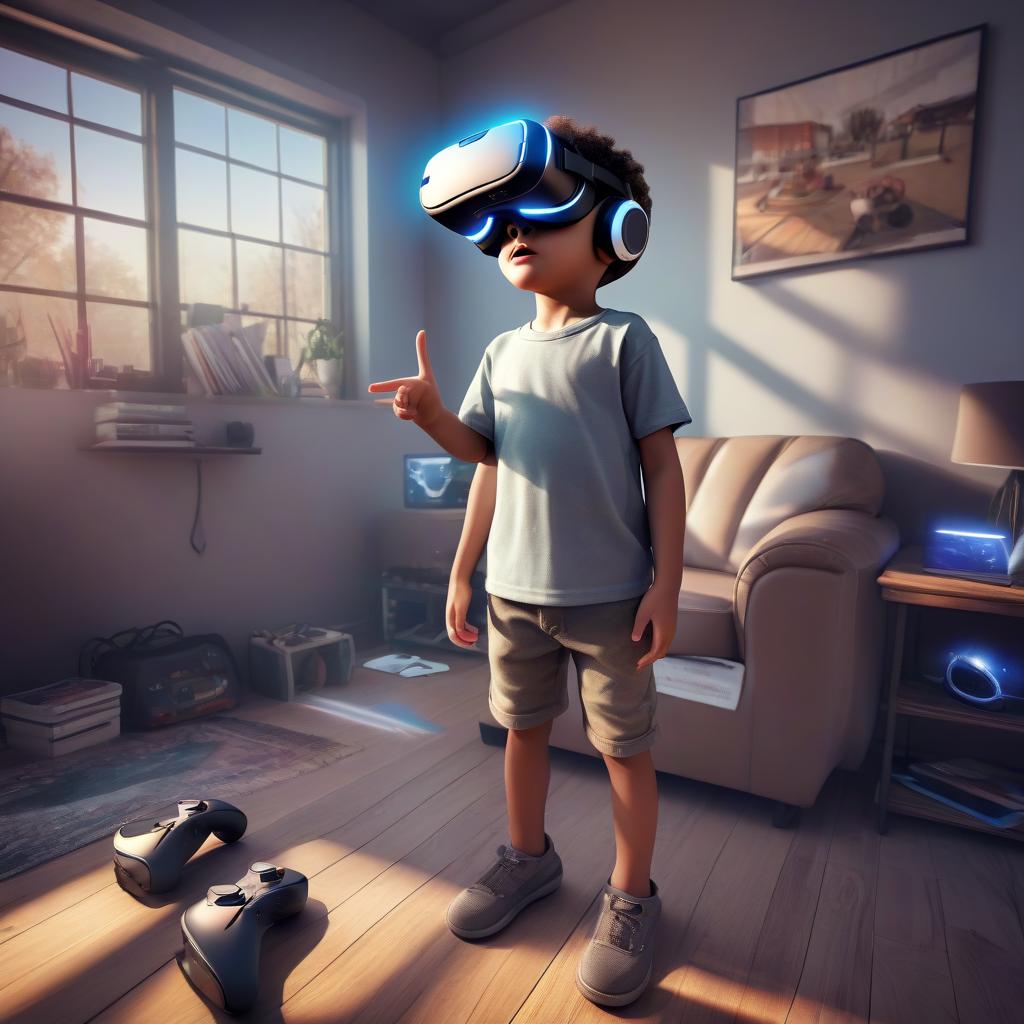  hdr photo of a funny boy playing virtual reality . high dynamic range, vivid, rich details, clear shadows and highlights, realistic, intense, enhanced contrast, highly detailed