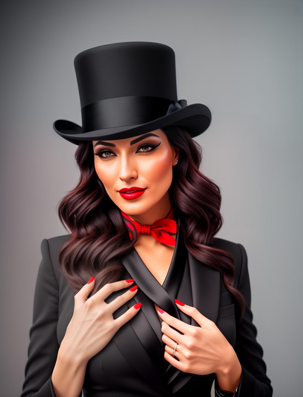  Hot woman, black suit loosely buttoned, red tie, top hat, red wing, horns, (high detailed skin:1.2), 8k uhd, dslr, soft lighting, high quality, film grain, Fujifilm XT3 hyperrealistic, full body, detailed clothing, highly detailed, cinematic lighting, stunningly beautiful, intricate, sharp focus, f/1. 8, 85mm, (centered image composition), (professionally color graded), ((bright soft diffused light)), volumetric fog, trending on instagram, trending on tumblr, HDR 4K, 8K