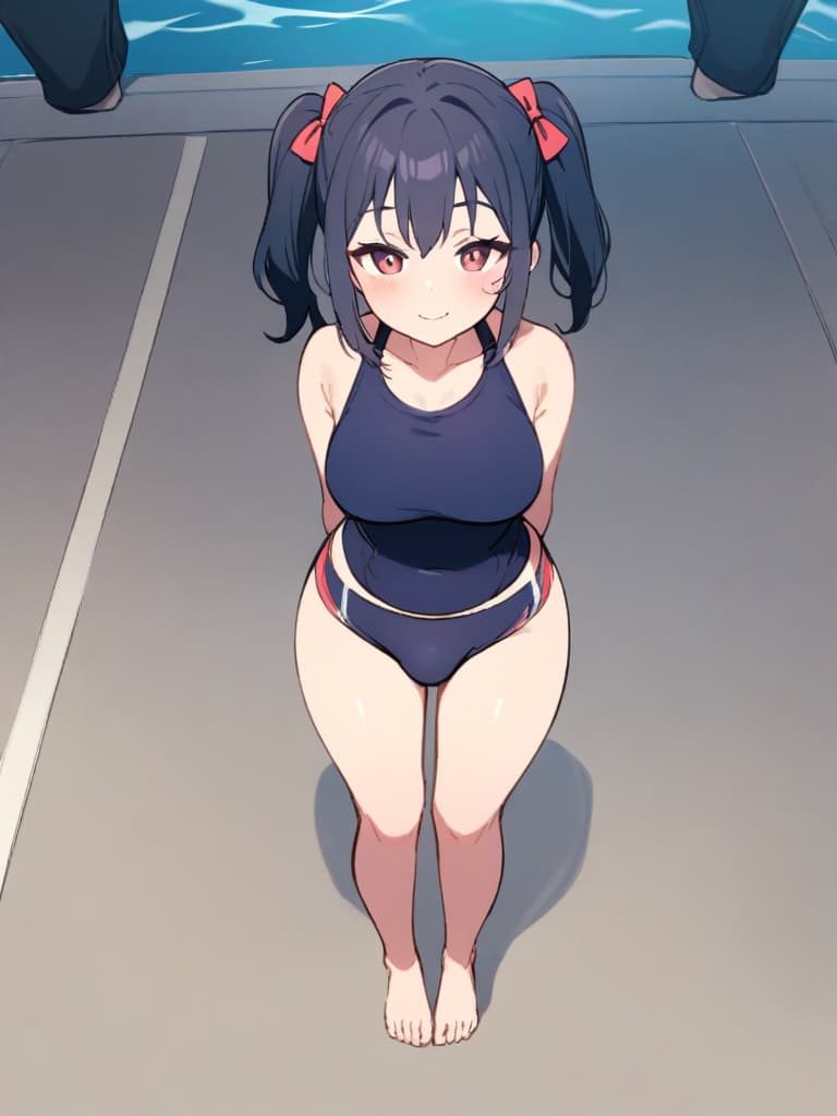  women's elementary students (with male), twin tails, cute smiles, rich s, short stature, dark blue swimwear, old swimwear, swimwear, simple, (swelling), upward, (bulge), front, whole body, pool side,