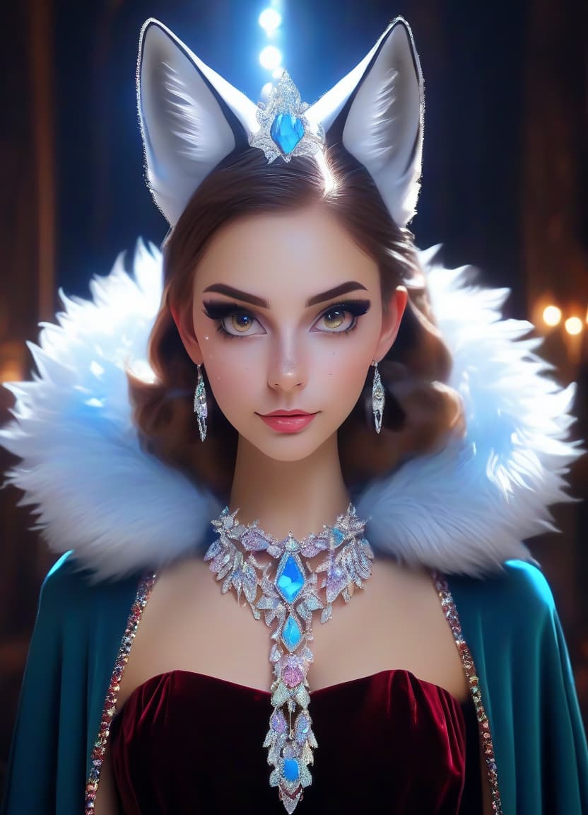  girl from crystals. tiadem in the form of silver ears of a fox made of crystals. collar by a fan of colored crystals. velvet cape