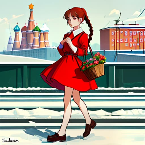  imagine a girl in the style of the ussr: she is dressed in a soviet dress with bright flowers or a sundress, she has simple shoes on her feet. the hair can be gathered into a neat ponytail or the hair can be braided. she can hold a basket of groceries in her hands or be against the background of a typical soviet landscape with houses and red square. add elements of soviet symbols, such as a star or a coat of arms.