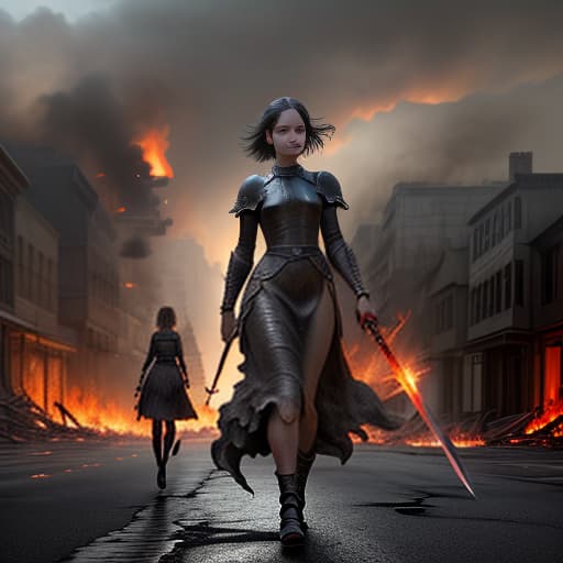  best quality, highest resolution, ruined city on fire, full length girl walking in the middle of the street. the girl looks at the burning house on her right. with her right hand she holds a long sword. behind the girl comes a black dragon. style: photorealism. high quality and detailing, detailed fingers.