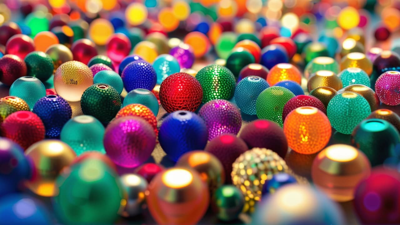  a vibrant close up of intricate beaded art, showcasing a variety of colorful beads in patterns, glistening under soft light, with textures of thread and fabric subtly blurred in the background. hyperrealistic, full body, detailed clothing, highly detailed, cinematic lighting, stunningly beautiful, intricate, sharp focus, f/1. 8, 85mm, (centered image composition), (professionally color graded), ((bright soft diffused light)), volumetric fog, trending on instagram, trending on tumblr, HDR 4K, 8K