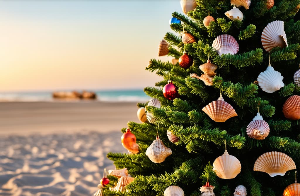  professional detailed photography, tropical seashell christmas tree on sunset beach ar 3:2, (muted colors, dim colors, soothing tones), (vsco:0.3)