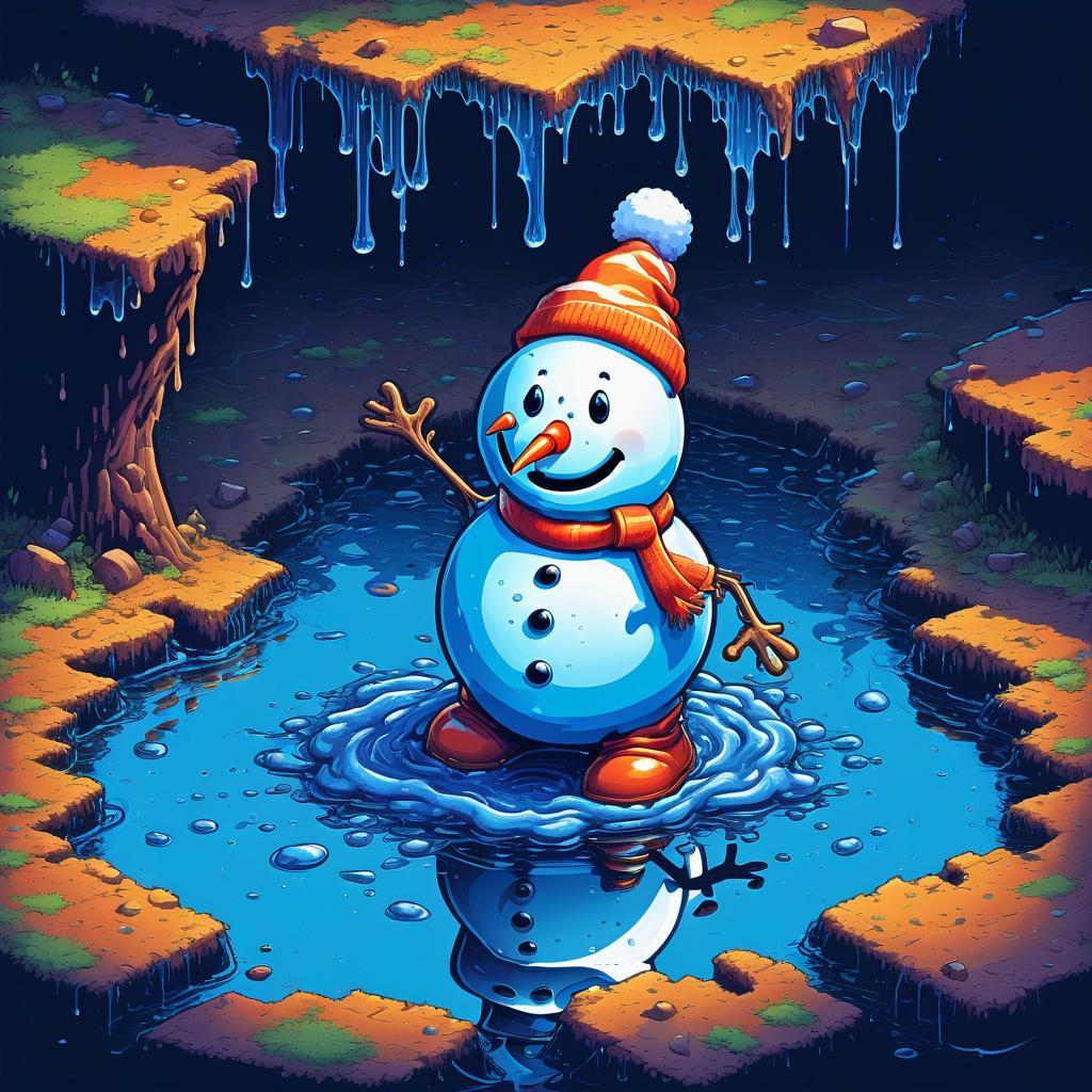  retro game art a snowman in a blue t shirt is melting, a large puddle has flowed under it . 16 bit, vibrant colors, pixelated, nostalgic, charming, fun