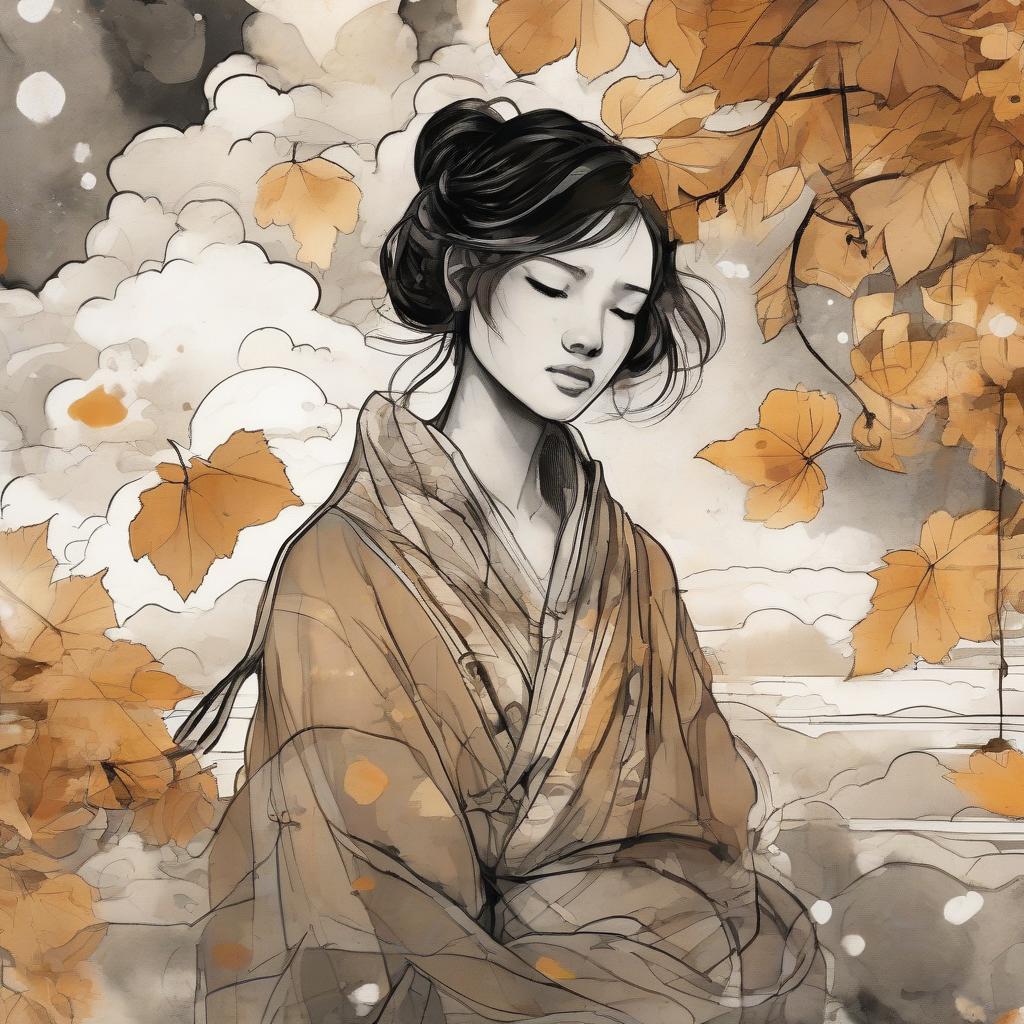  art deco, the face of a japanese girl close up, transparent, take her strokes, blots, autumn ocher leaves, clouds, dark tones, streams from rain, ancient ink drawing, the futility of being and loneliness